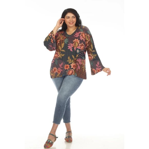 Johnny Was Plus Delfino V Neck Kimono Sleeve Tee Floral Blue Top Shirt Flower NW - Picture 6 of 8